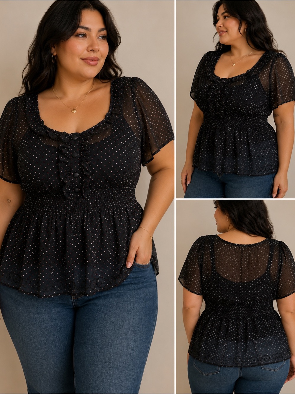 Black Sheer Polka Dot Ruffle Peplum Blouse - Picture 1 of 6